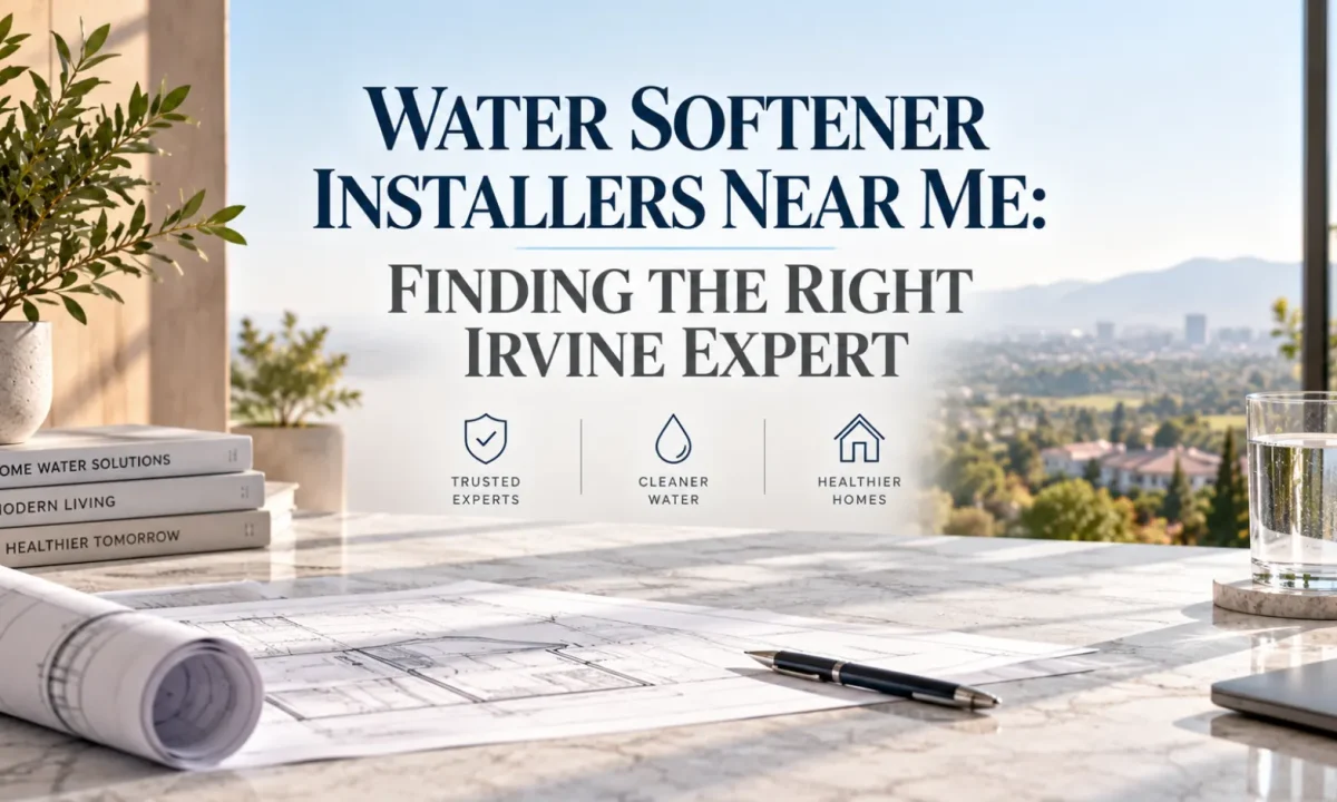 Editorial hero banner representing expert water softener installation and testing in Irvine homes.