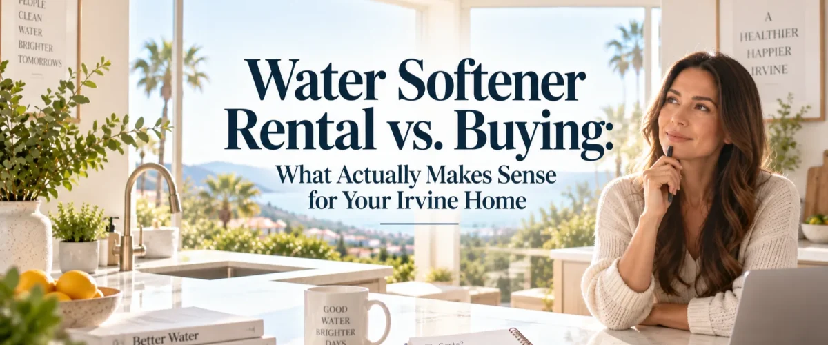 Homeowner contemplating water softener rental vs. buying options in a modern Irvine home interior.