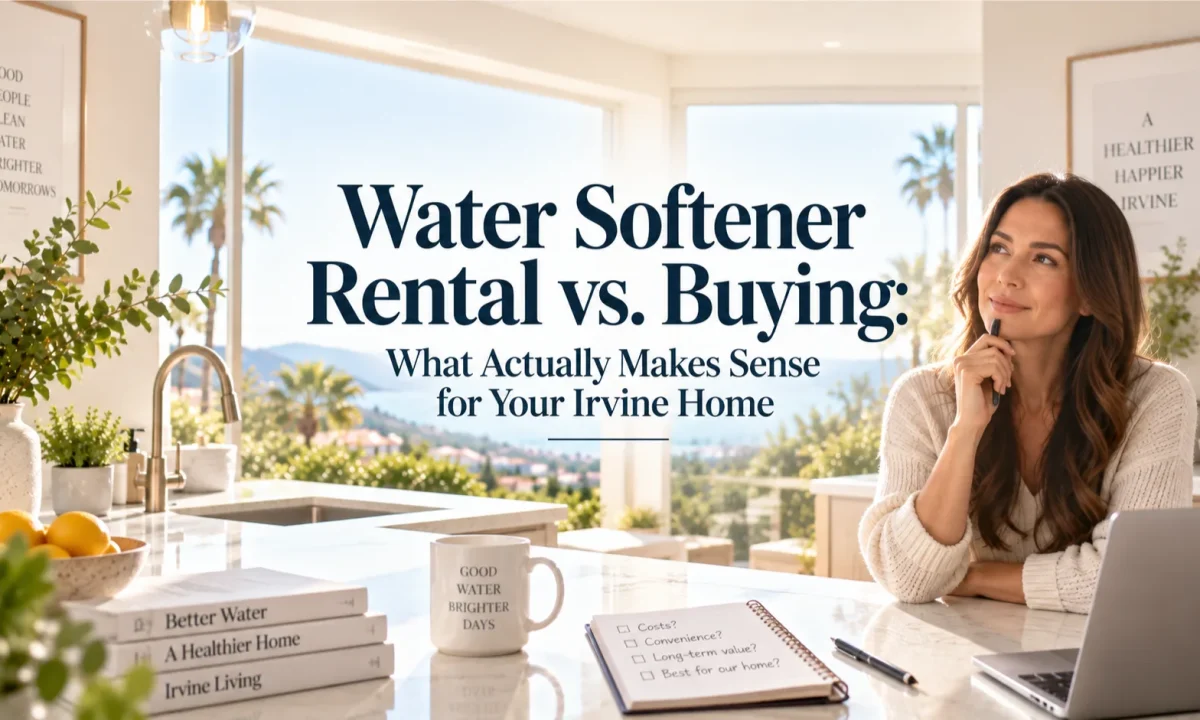 Homeowner contemplating water softener rental vs. buying options in a modern Irvine home interior.