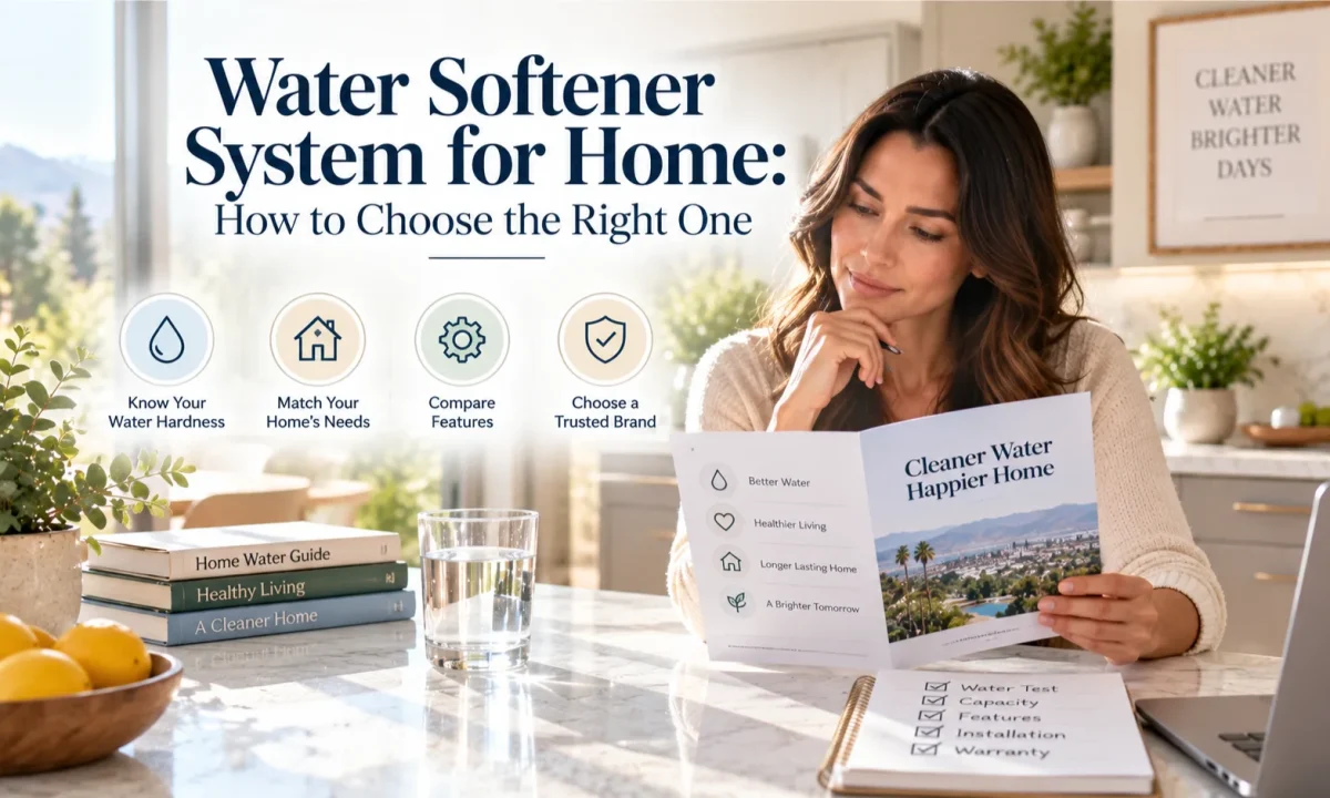 Homeowner reviewing water test results in a sunlit Irvine kitchen to choose the right water softener system for home.