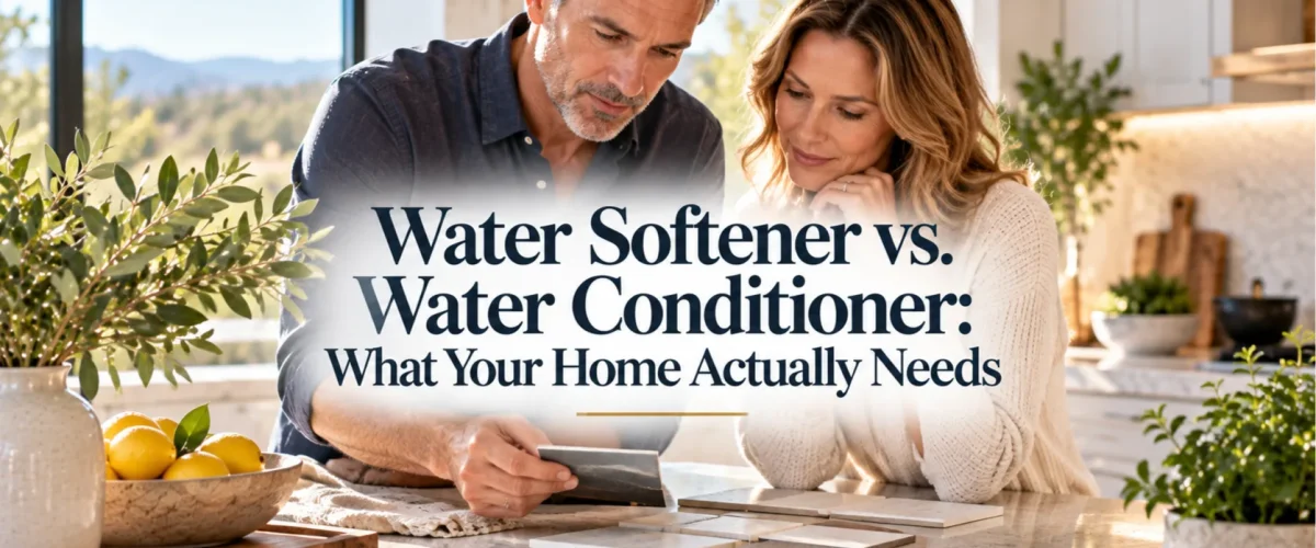 A mature couple examining water test results in their sunlit Irvine kitchen, comparing a water softener vs. water conditioner for their home.