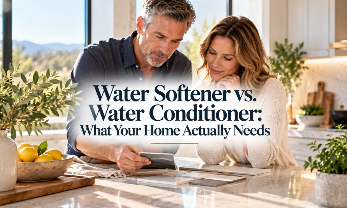 A mature couple examining water test results in their sunlit Irvine kitchen, comparing a water softener vs. water conditioner for their home.
