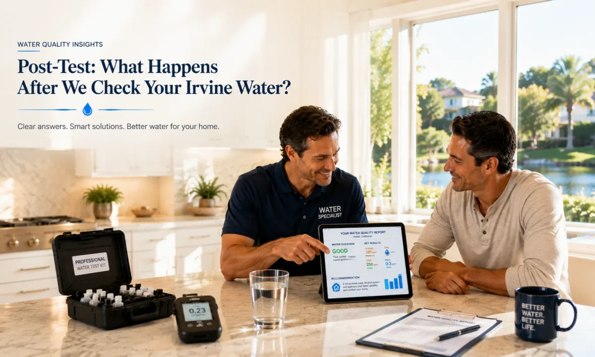 Professional water test consultation explaining water quality results to an Irvine homeowner after testing.