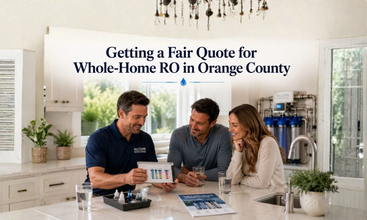 Water specialist explaining a whole-home RO quote after a free in-home water test in an Orange County home