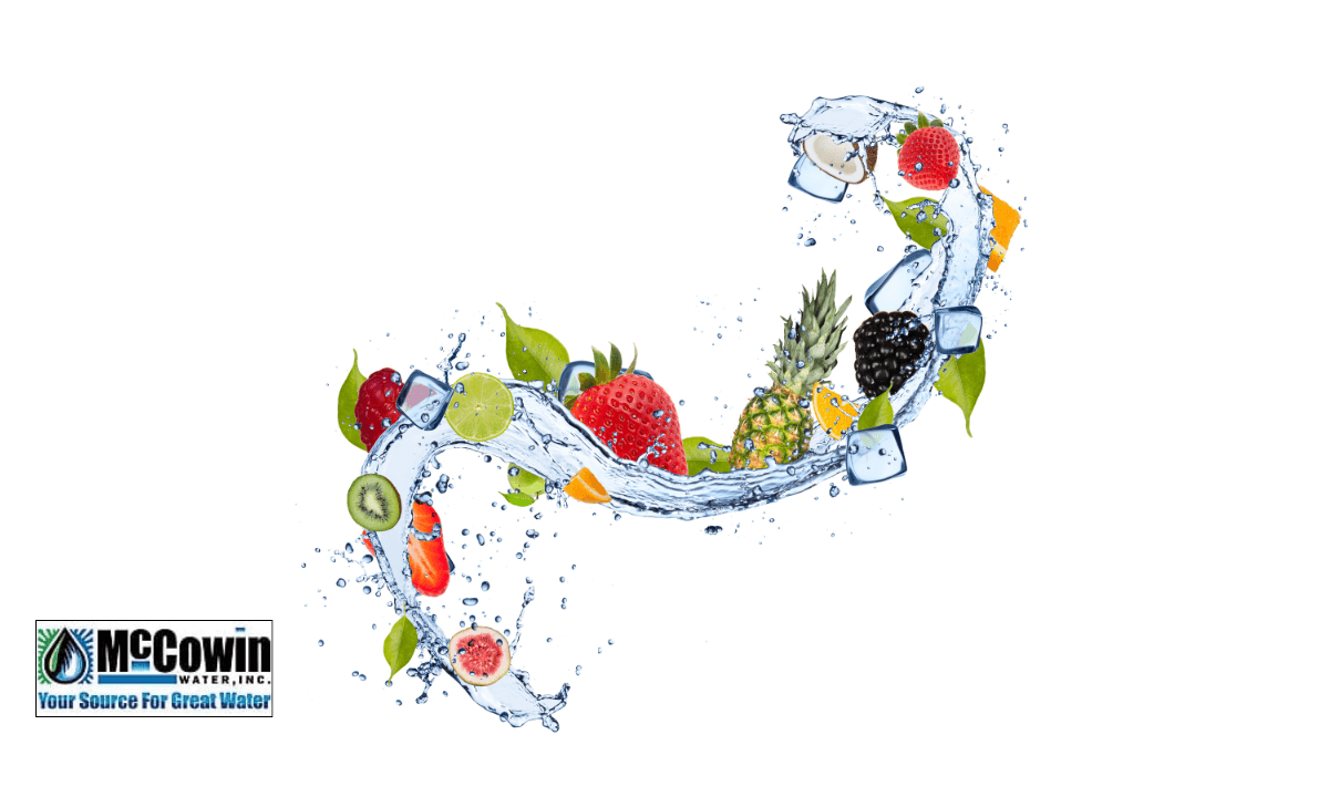 A swirl of purified water with fresh fruit and ice, representing the taste and clarity delivered by the best water filter for drinking.