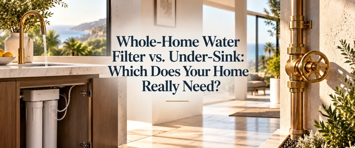 Architectural twilight view of an Orange County home showing the distinction between whole-home water filter vs. under-sink coverage and daily water entry integrity.