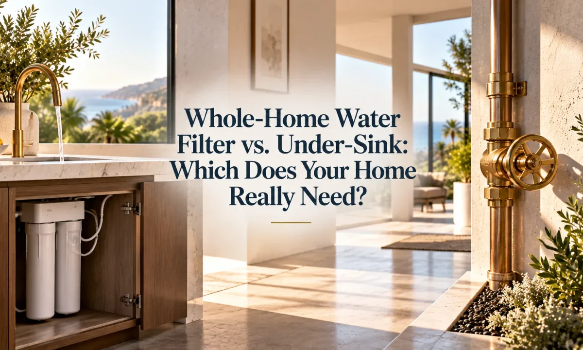 Architectural twilight view of an Orange County home showing the distinction between whole-home water filter vs. under-sink coverage and daily water entry integrity.