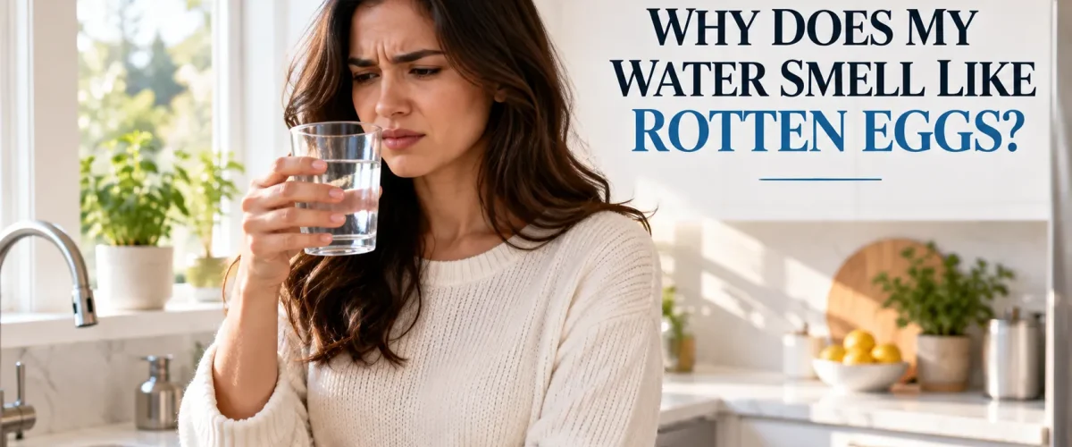 A homeowner hesitating and smelling a glass of tap water in the kitchen to diagnose a rotten egg odor.