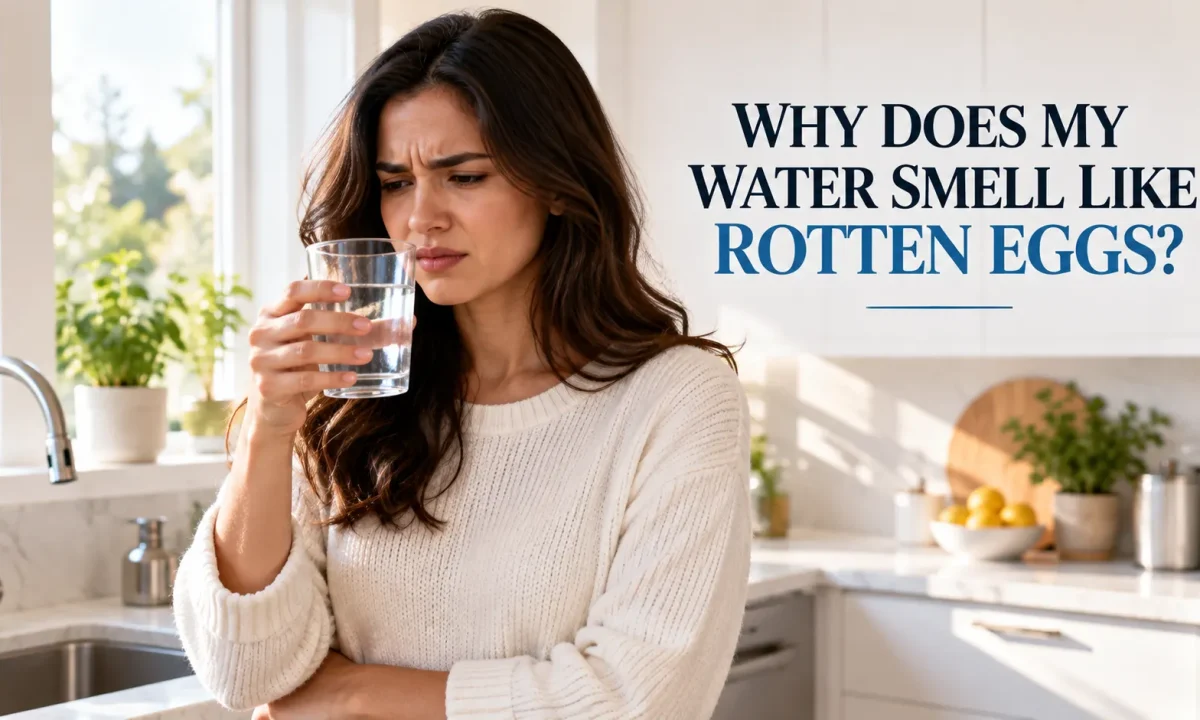 A homeowner hesitating and smelling a glass of tap water in the kitchen to diagnose a rotten egg odor.