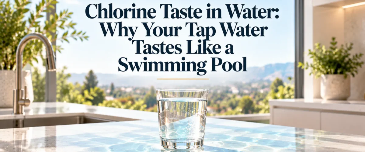 A close-up view of a glass of water on a kitchen counter, juxtaposed with a visual metaphor of a swimming pool reflection, illustrating chlorine taste in water concerns in Irvine.