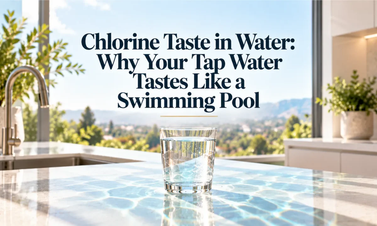 A close-up view of a glass of water on a kitchen counter, juxtaposed with a visual metaphor of a swimming pool reflection, illustrating chlorine taste in water concerns in Irvine.