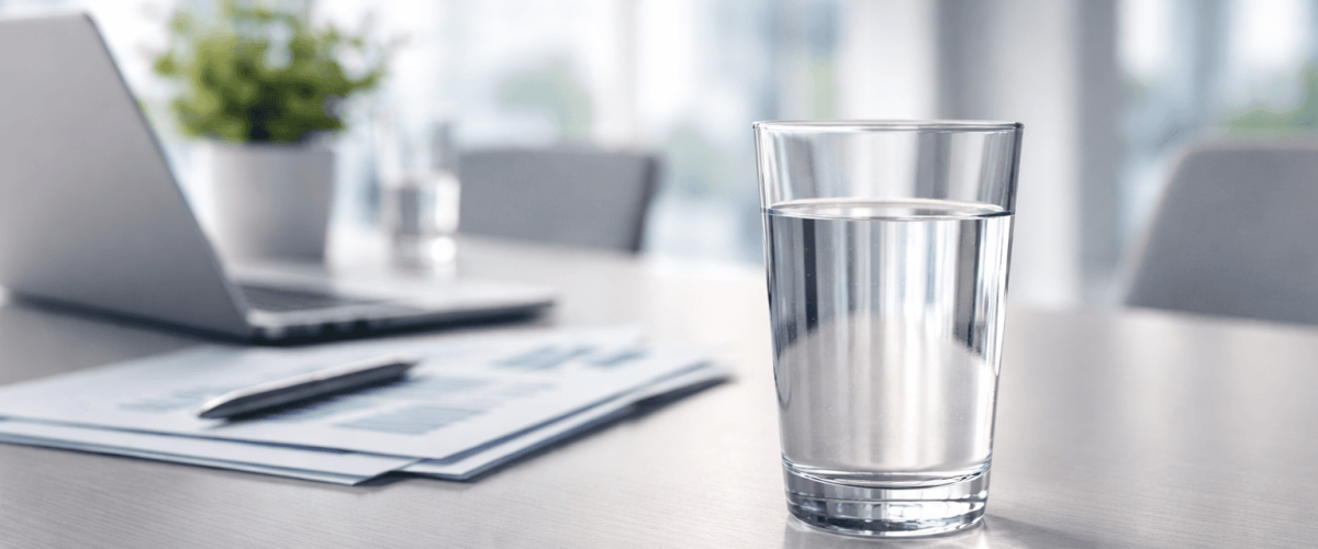 glass of crystal clear water on conference table for best commercial water treatment systems for Irvine businesses needing custom filtration
