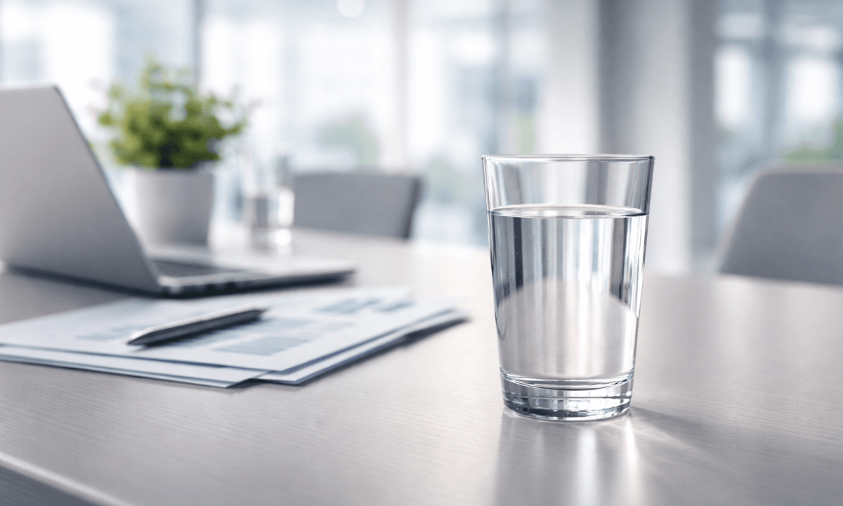 glass of crystal clear water on conference table for best commercial water treatment systems for Irvine businesses needing custom filtration