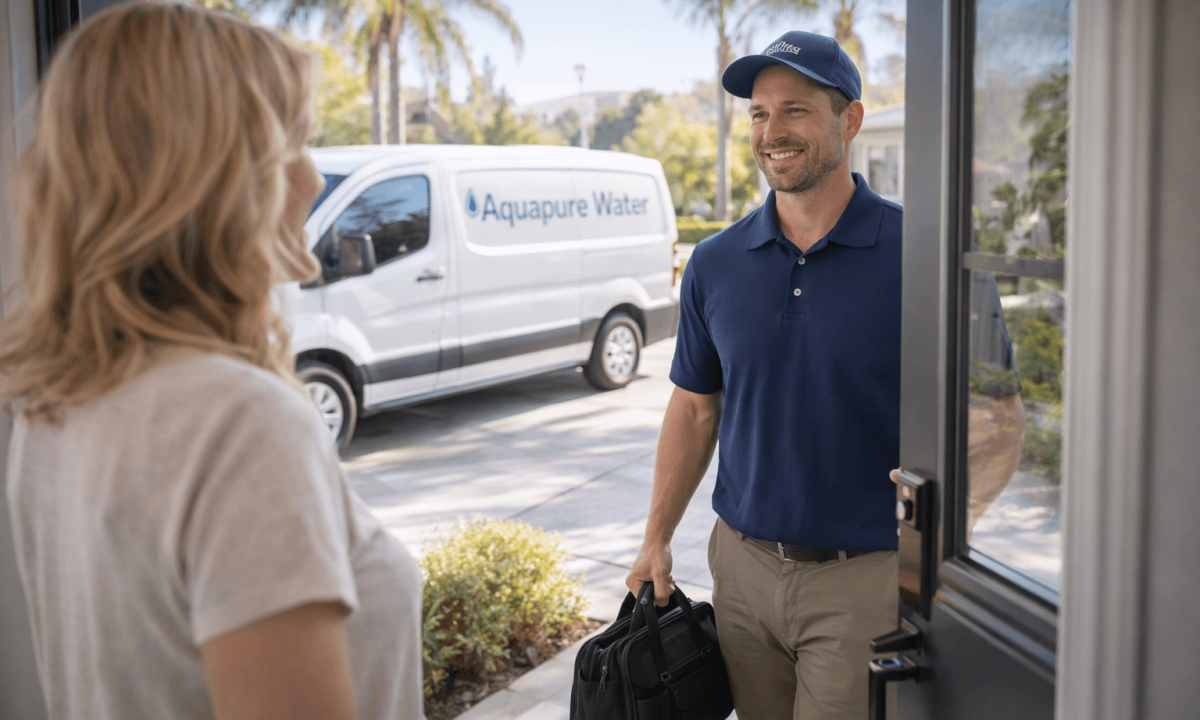 local water service technician offering custom-installed residential reverse osmosis system in Irvine with an in-home water test and local service