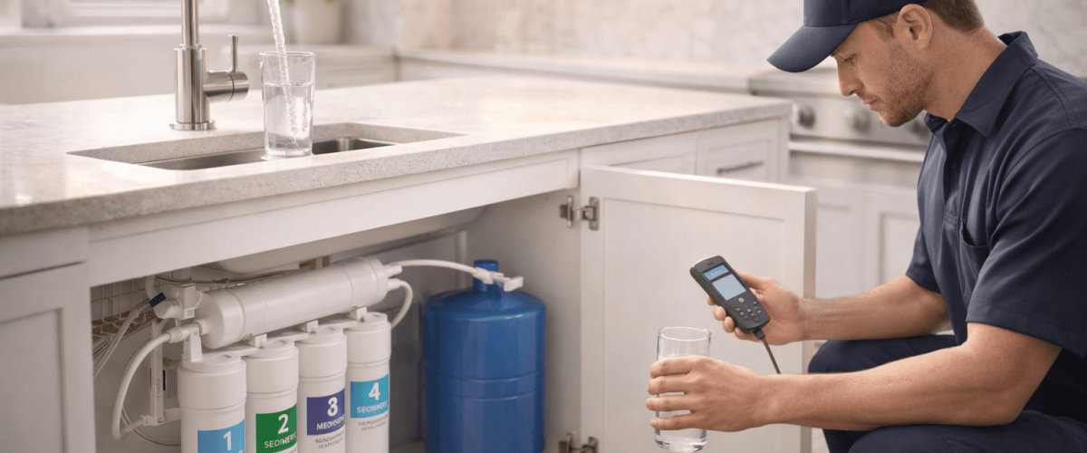 residential reverse osmosis system being professionally installed