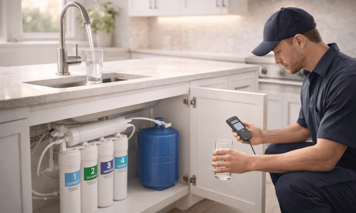 residential reverse osmosis system being professionally installed