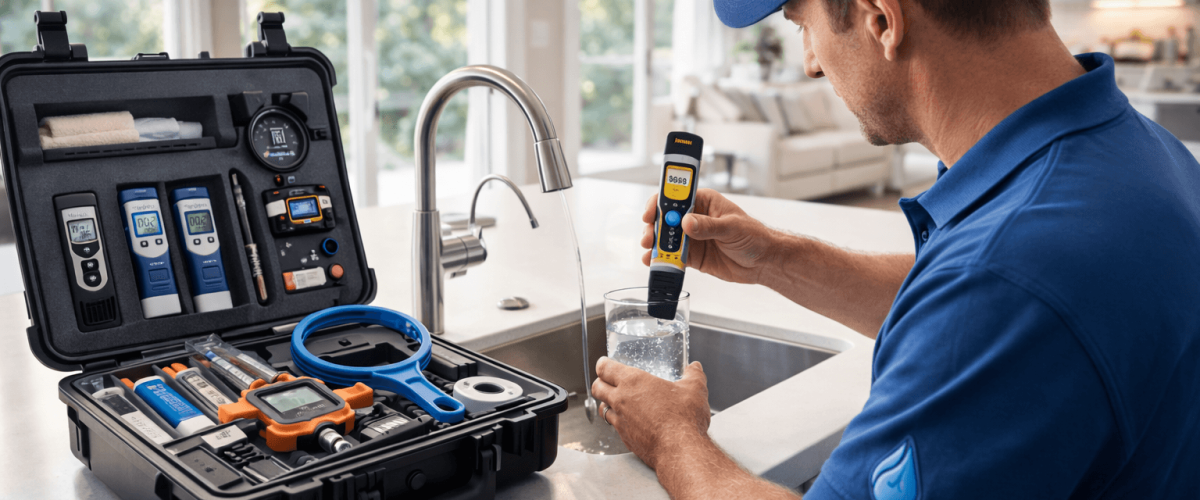 technician testing tap water offering customized in home filtration with maintenance plans in Irvine