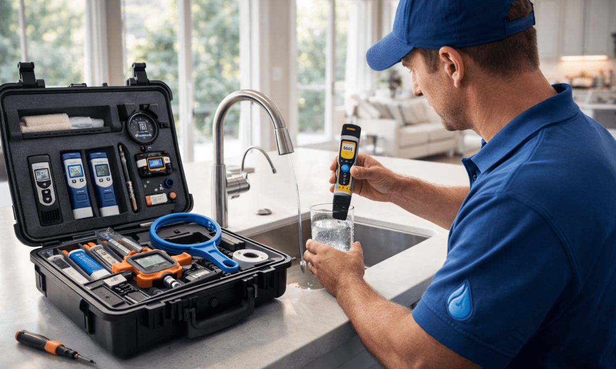 technician testing tap water offering customized in home filtration with maintenance plans in Irvine