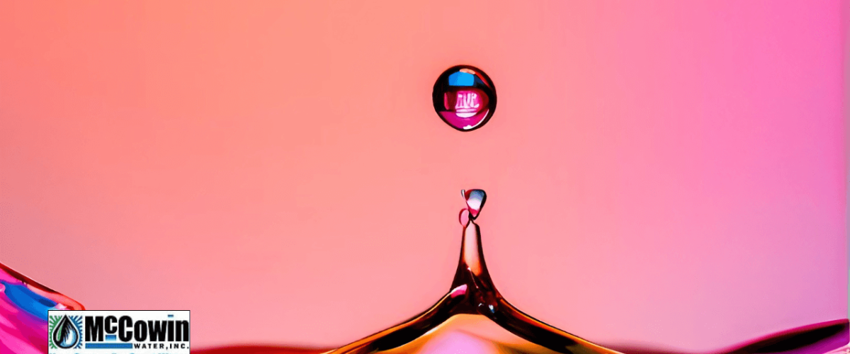 Colorful water droplet above surface with McCowin Water logo, symbolizing purity and transformation from a water softener system.